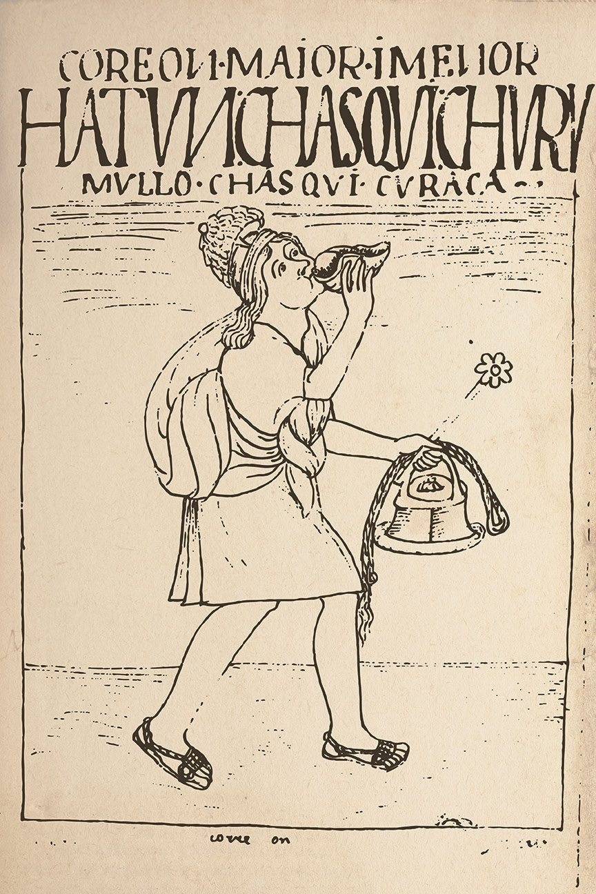 Dibujo antiguo de un chasqui corriendo, soplando un caracol (pututu) para avisar y llevando un quipu en la mano.